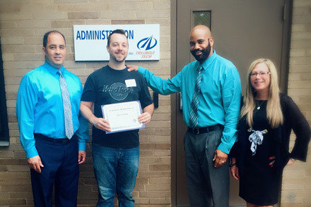 Pictured from Left to Right: Kevin Schifino, Assistant Director/Pittsburgh School; Ryan Stemple, Welding Scholarship Winner; Kendall Thomas, School Director/Pittsburgh School; Michelle Poskin, Assistant Director Pittsburgh School
